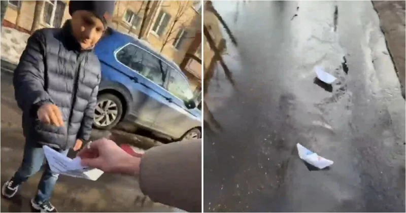 Москвич устроил весенний флешмоб и научил малыша делать бумажные кораблики (видео)