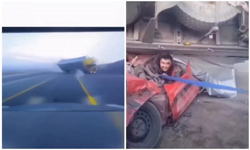 Как в Казахстане фура придавила легковушку: момент жесткого ДТП с четырьмя участниками попал на видео