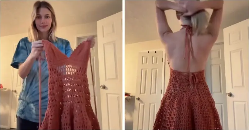 Вязание — её суперсила: девушка показала короткое платье, которое связала сама