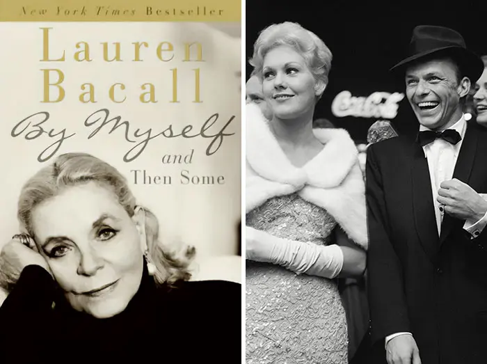 Lauren Bacall's memoir cover and vintage photo of celebrities at a glamorous event revealing wild celebrity memoir secrets.