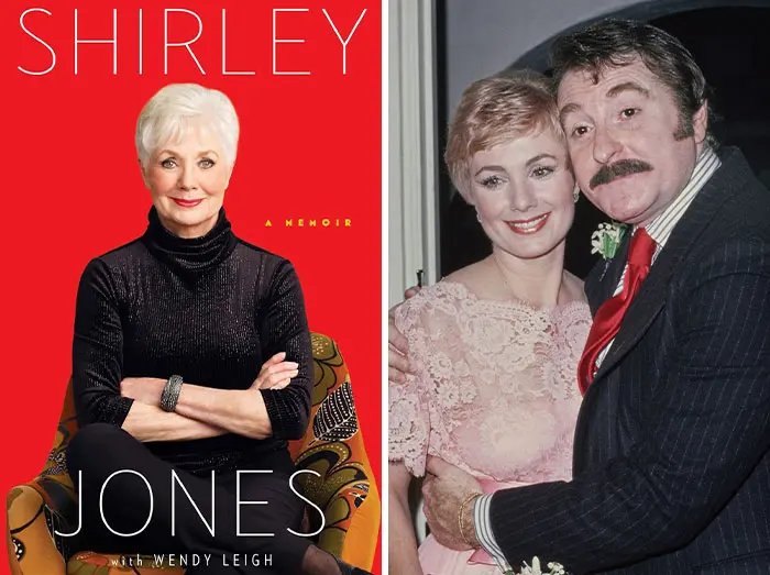 Book cover of Shirley Jones memoir and a vintage photo of a smiling celebrity couple, highlighting wildest secrets in celebrity memoirs.
