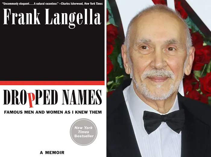 Frank Langella in a tuxedo next to his memoir cover revealing wildest secrets in celebrity memoirs and famous lives.