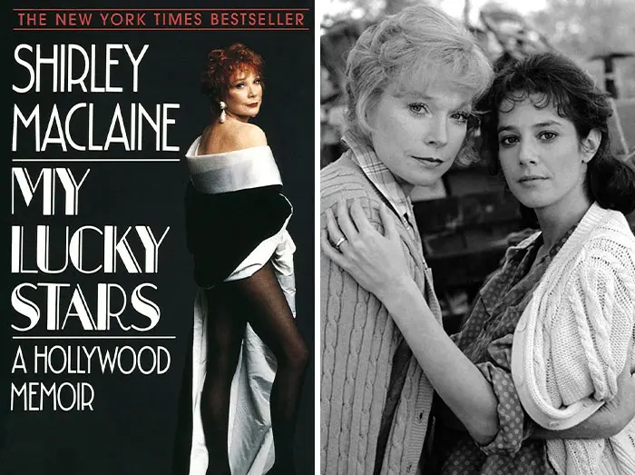 Book cover of Shirley MacLaine's Hollywood memoir alongside a black and white photo of two women, highlighting celebrity memoir secrets.