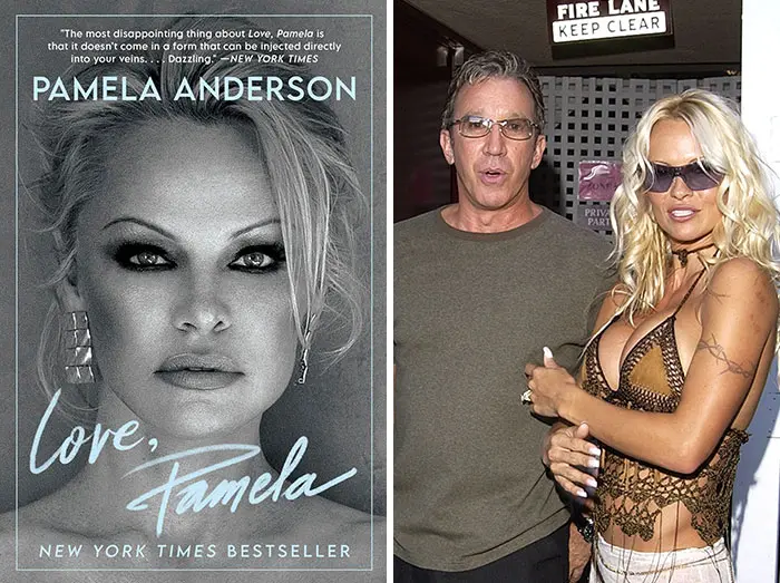 Book cover of Pamela Anderson's memoir and a photo of her with a man, illustrating wildest secrets in celebrity memoirs.