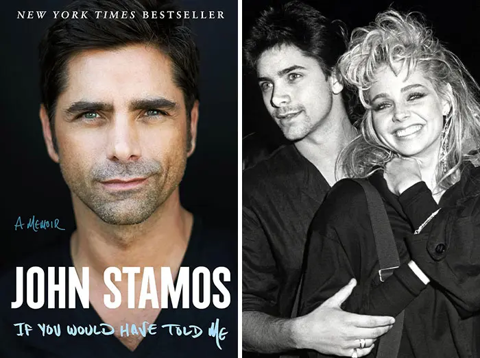 Book cover of John Stamos memoir and vintage black and white photo of a smiling couple showing wildest celebrity memoir secrets.