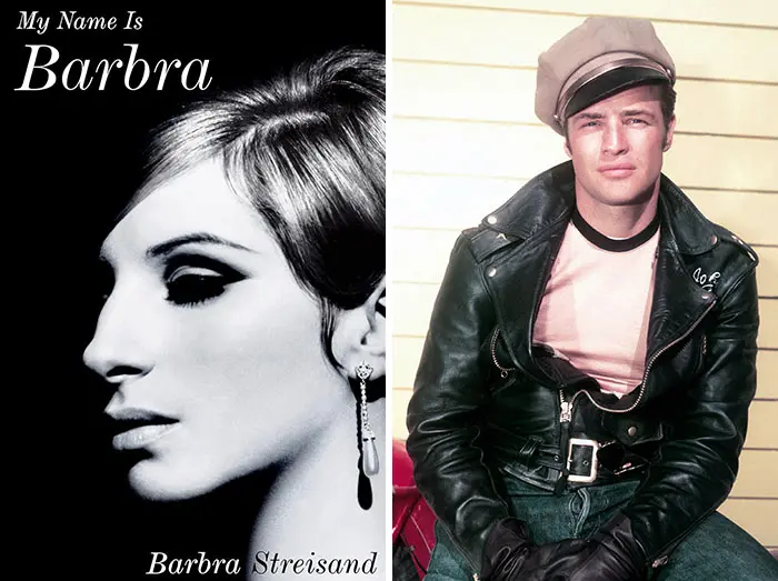 Black and white close-up of Barbra Streisand's profile alongside a color photo of a man in a leather jacket, related to celebrity memoirs.