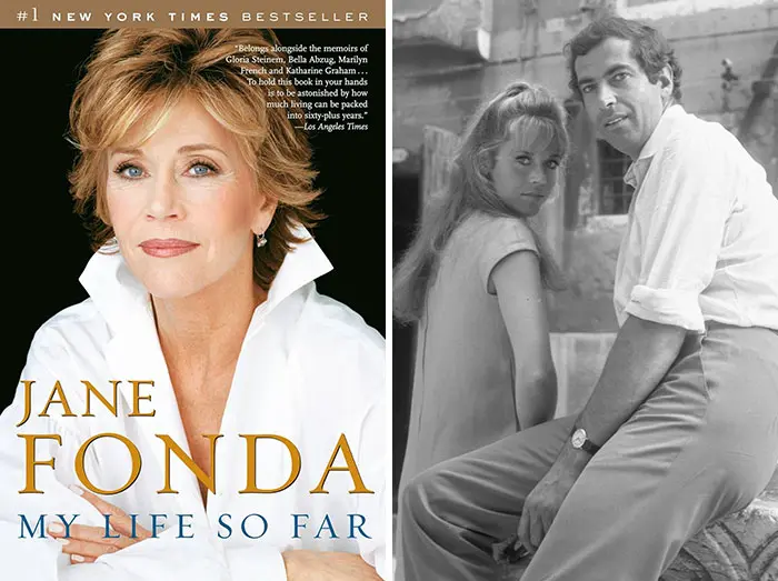 Jane Fonda on the cover of her celebrity memoir revealing wildest secrets alongside a vintage black and white photo.