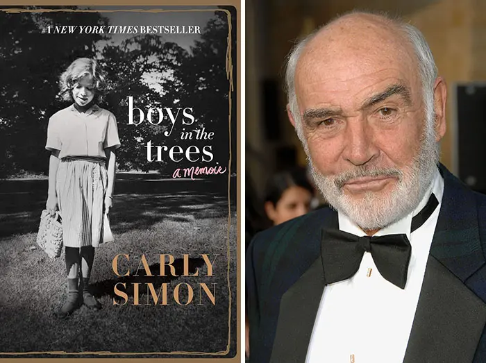 Split image showing the cover of a celebrity memoir and a portrait of an older man in a tuxedo, highlighting wildest secrets.