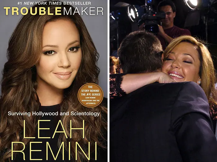 Book cover of celebrity memoir by Leah Remini about Hollywood and Scientology alongside a smiling celebrity hug at an event revealing wildest secrets.