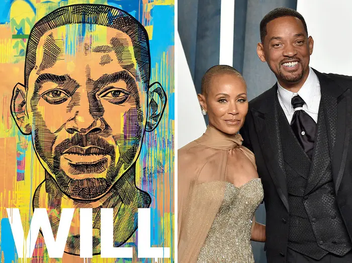 Colorful artistic portrait of Will Smith alongside a photo of him and Jada Pinkett Smith, illustrating wildest celebrity memoir secrets.