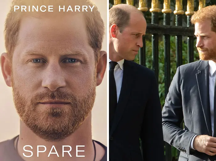 Close-up of Prince Harry on the Spare memoir cover and another image of him with Prince William revealing celebrity memoir secrets.