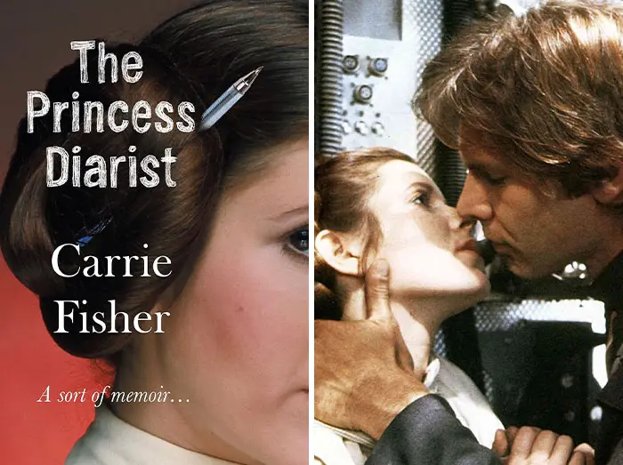 Book cover of Princess Diarist memoir by Carrie Fisher next to a movie scene of two characters about to kiss, revealing celebrity memoir secrets.