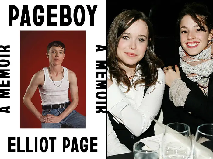 Book cover of Elliot Page's memoir Pageboy on the left, with two smiling women seated at a dinner table on the right, celebrity memoir secrets.