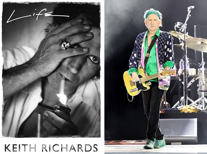 Black and white portrait of Keith Richards lighting a cigarette and a full-color image of him playing guitar on stage, celebrity memoirs.