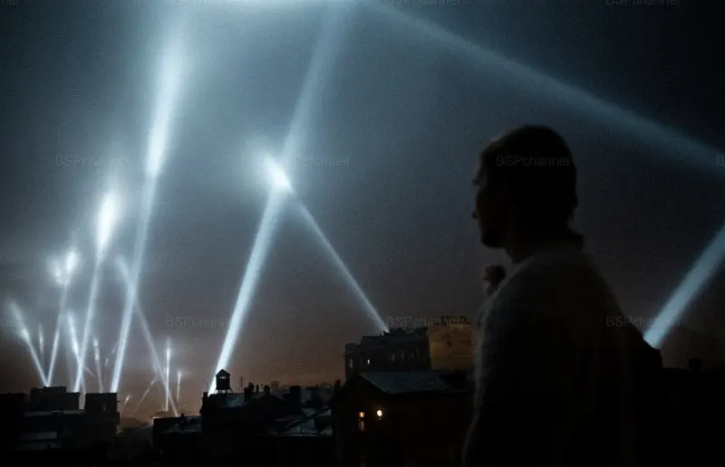 Прожекторы освещают небо Москвы