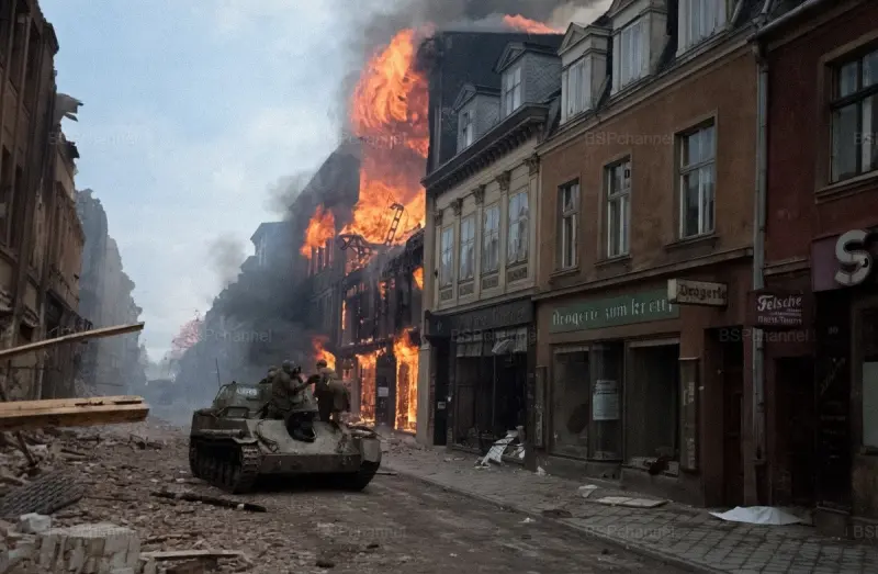 САУ СУ-76М в горящем Данциге