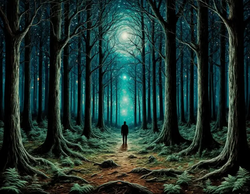 Изображение темного леса и космоса