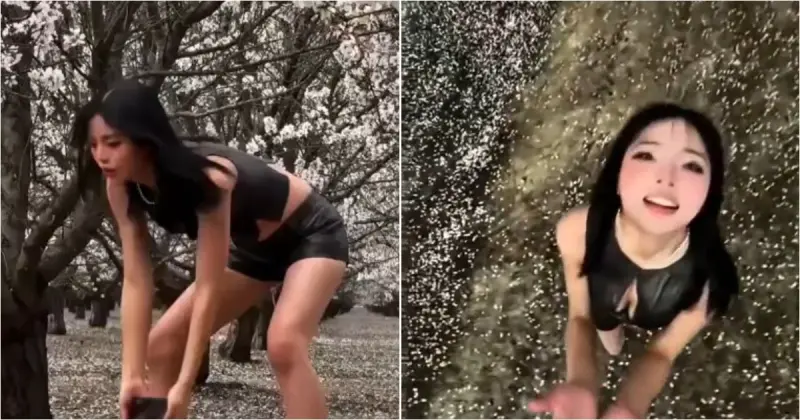 Ради красивого кадра: девушка придумала необычный способ съемки в сакуровом саду