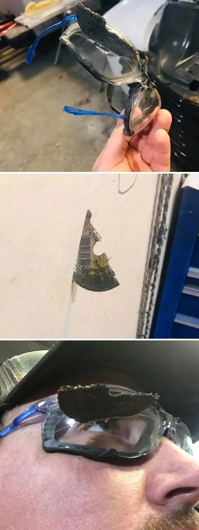 Разбитые защитные очки с застрявшим осколком