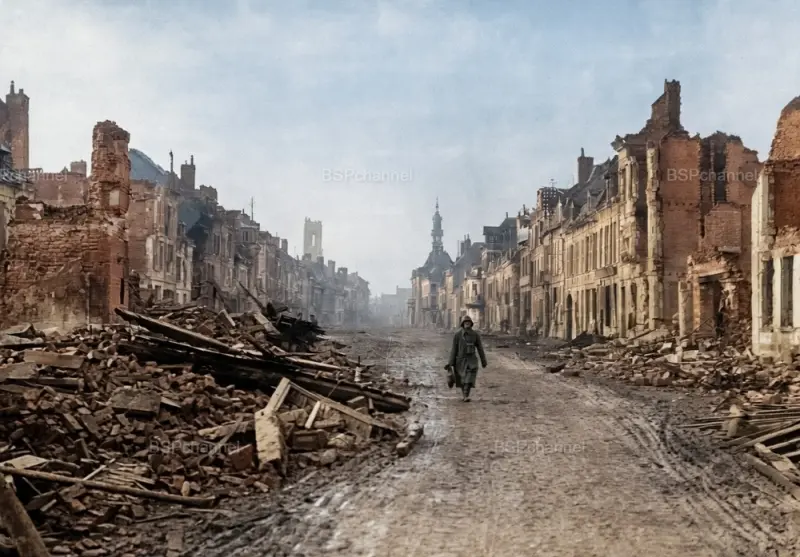 Немецкий солдат идёт по разрушенному Перонну