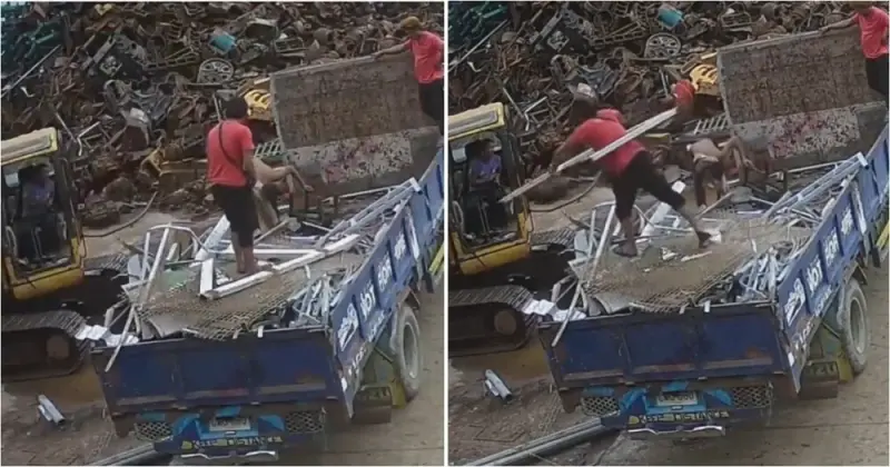 Неудачный манёвр на свалке металлолома: рабочий не рассчитал силы