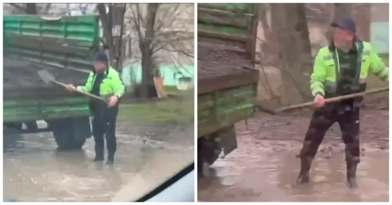 Сезонная замена грязи: в Подмосковье заметили мужчину с необычной лопатой на дороге