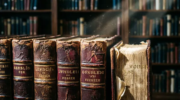 Макрофотография антикварных книг в бордовых и коричневых кожаных переплетах с потертым золотым тиснением и пожелтевшими страницами на фоне размытых библиотечных стеллажей