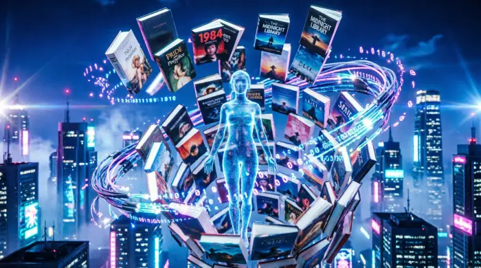 Визуализация онлайн-библиотеки в виде цифрового вихря из сотен светящихся обложек книг и бинарного кода вокруг спокойной полупрозрачной славянской девушки на фоне ночного мегаполиса