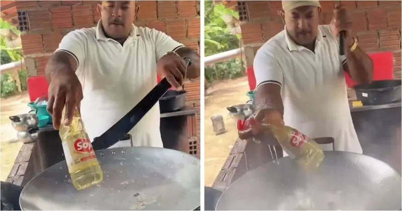 Хотел как Рэмбо, а получилось как всегда: мужик попытался срубить горлышко бутылки мачете, но что-то пошло не так