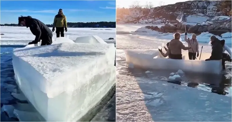 «Титаник» на минималках: умельцы вырубили лодку из ледяной глыбы, прикрутили мотор и отправились в плавание