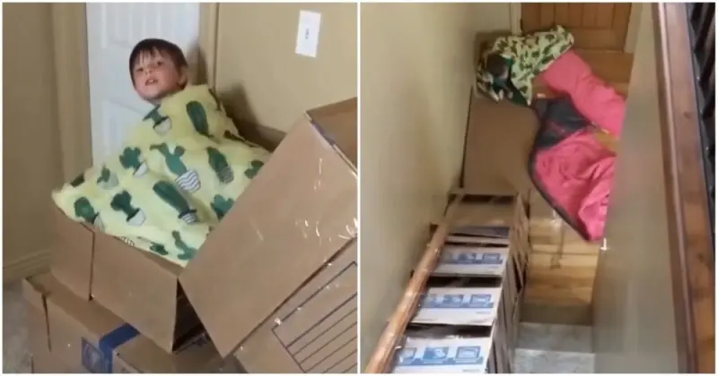 Когда папа остается за главного: аттракцион из коробок и обещание спустить с лестницы папа, дети, развлечения, приколы, коробки, аттракцион, семейный юмор