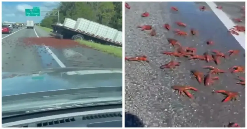 В США раки разбежались по трассе после жуткой аварии ДТП, раки, США, авария, видео, происшествие, фура