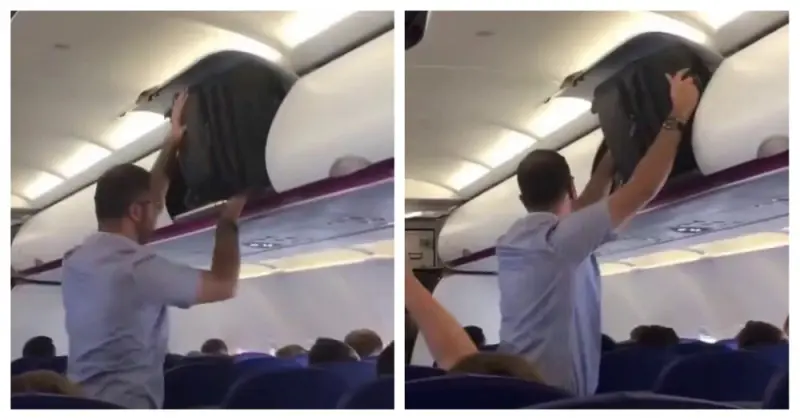 Мужчина пытался засунуть сумку на полку, но у него ничего не вышло. Вы бы видели, кто пришел на помощь! видео, прикол, самолет, багаж, стюардесса, сортер