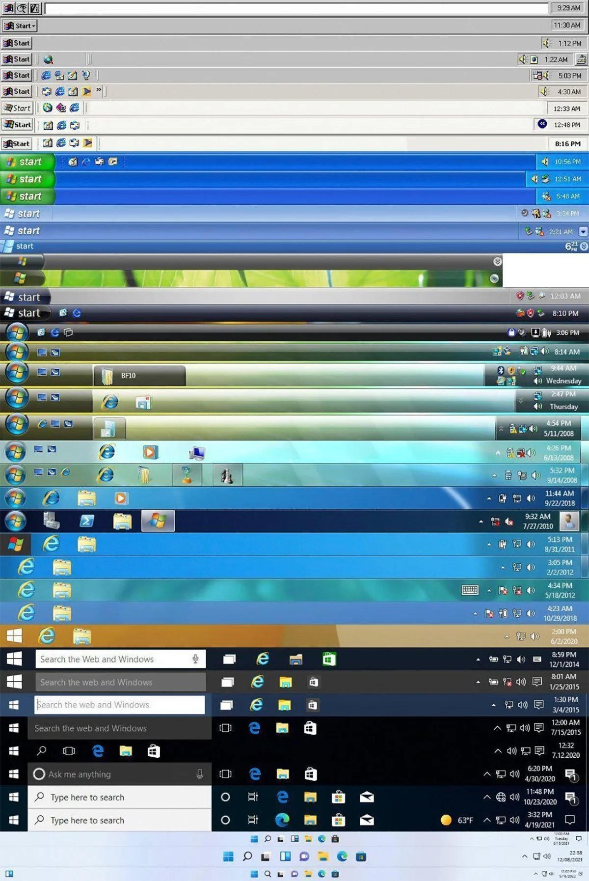 Все версии панели задач Windows за 30 лет в одной картинке Windows, панель задач, таскбар, эволюция, Windows 95, история, ностальгия, скриншот