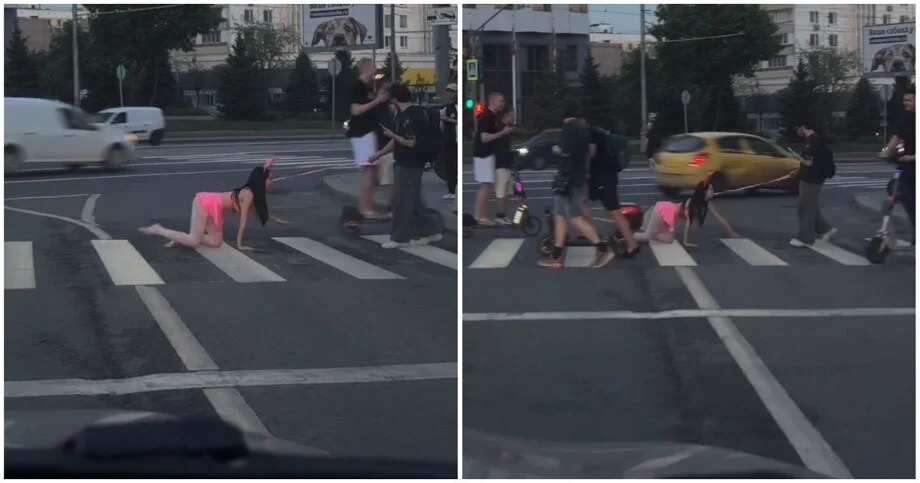 Завел себе девушку буквально: парня сняли на поводке в центре Москвы