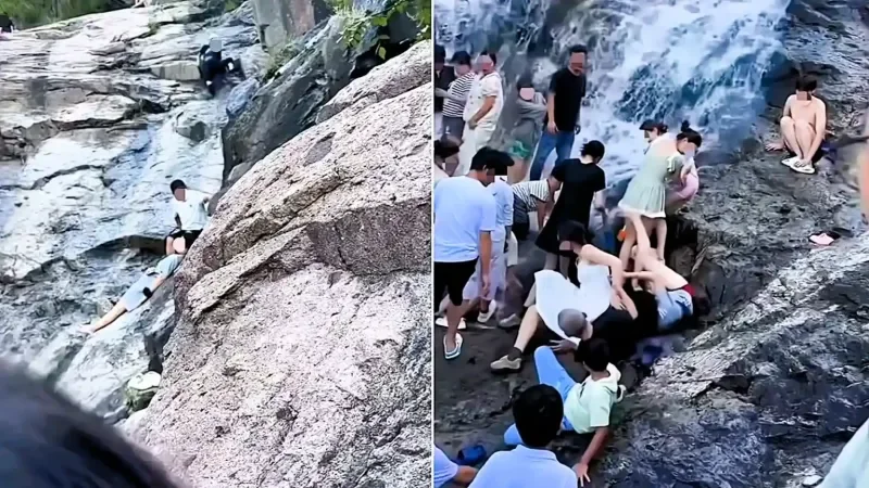 Случайный «боулинг» у водопада: туристы не устояли на ногах Случайный «боулинг» у водопада: туристы не устояли на ногах водопад, туристы, курьез, видео, происшествие
