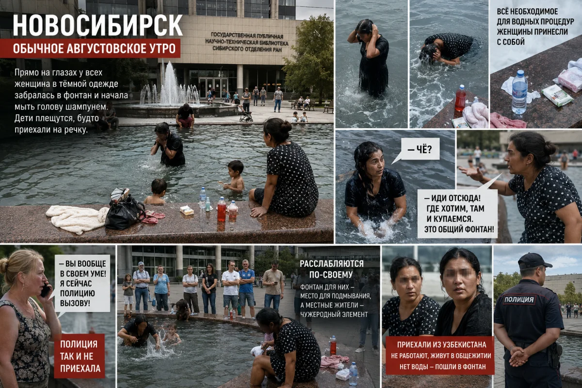 «Где хотим, там и купаемся»: как мигрантки с детьми оккупировали фонтан в Новосибирске