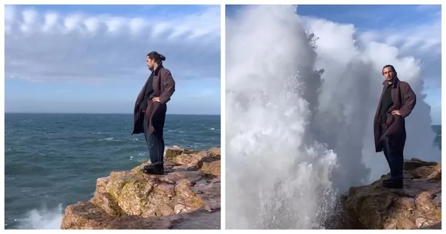 Водяная стена накрыла парня на краю обрыва: видео, от которого захватывает дух видео, природа, волна, обрыв, экстрим