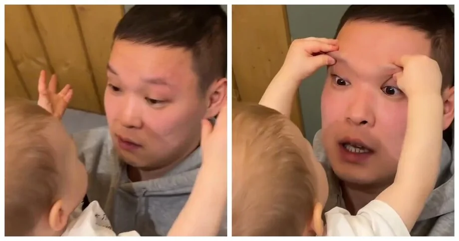 Малыш проверяет веки взрослого дети, юмор, видео, приколы, семья